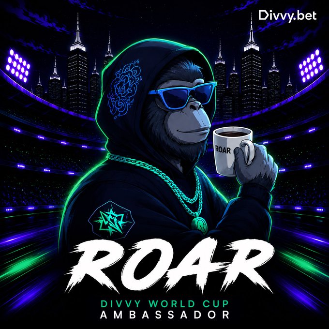 The image features a cartoon monkey wearing sunglasses and holding a coffee mug while standing against a dark background with neon lights, which suggests that they are at a world cup event or a similar gathering. The text "Divvy World Cup" indicates that this is an advertisement for Divvy Bet, promoting their sponsorship of the Divvy World Cup. The post also mentions that there will be a gambling element to it and encourages people to participate by sharing their bets on the outcome of the game.