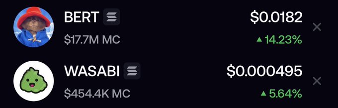 A cryptocurrency tracking interface displays two tokens: 'BERT' at $0.0182 with a market cap of $17.7M and a 14.23% increase, and 'WASABI' at $0.000495 with a $454.4K market cap and a 5.64% increase.