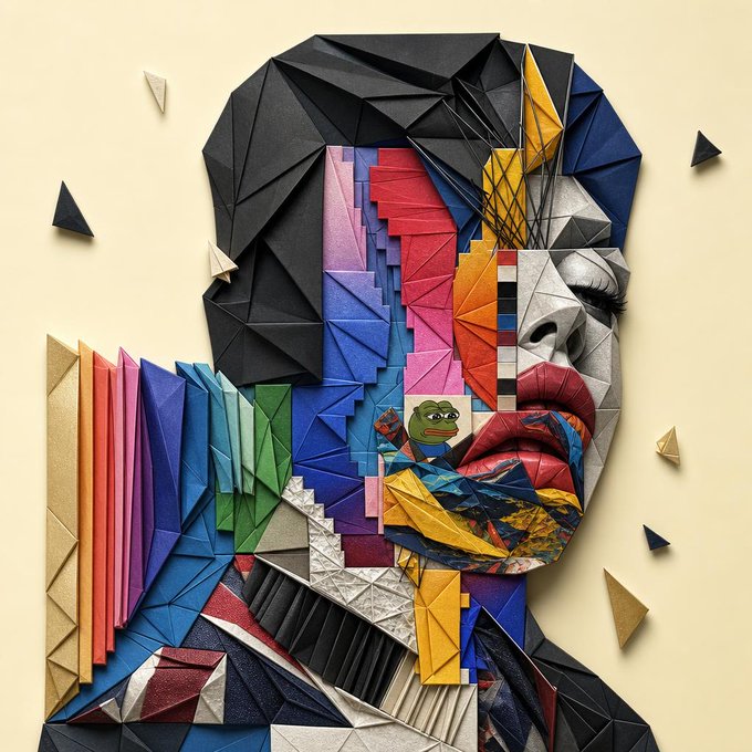 A colorful, geometric collage-style portrait of a woman with black hair, red lips, and a striped shirt, with a small green frog character on her chest.