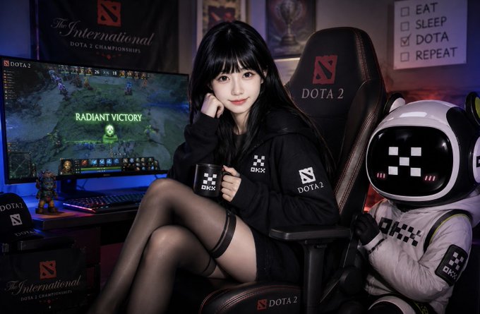 A young woman in a black hoodie sits at a Dota 2 gaming setup with a monitor showing 'RADIANT VICTORY', a mug, and a white robot figure with checkered eyes, with 'The International' and 'EAT SLEEP DOTA REPEAT' posters visible.