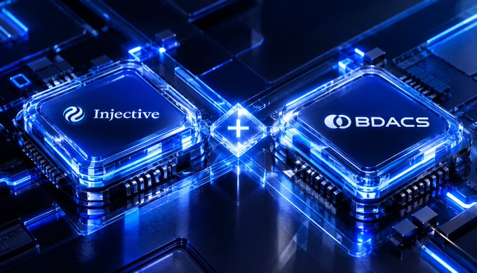 A futuristic blue-lit blockchain graphic connects two glowing chips labeled “Injective” and “BDACS” through a central plus symbol.