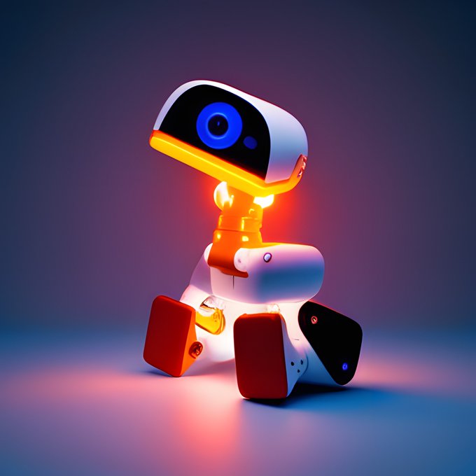 A 3D render of a small white and orange robot with a large blue eye on a curved screen head, sitting against a dark background with colorful pink and blue lighting.