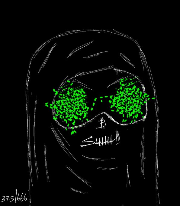 A sketch-style digital drawing on a black background depicts a hooded figure wearing large sunglasses filled with green speckled patterns, with a stitched mouth design below, signed '375/666' in the bottom corner.