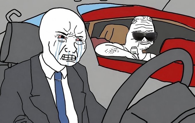 A Wojak meme shows a crying, distressed bald man in a suit driving, while a cool, sunglasses-wearing "Gigachad" figure rides calmly in the passenger seat, illustrating the post's message that patient, steady growth—like the $UNC ticker—wins over panicked reactions.