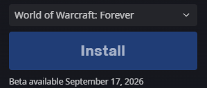 A screenshot of the Xbox app shows an "Install" button for "World of Warcraft: Forever" with the note "Beta available September 17, 2026." The image relates to the post by highlighting the upcoming WoW expansion beta release, which the user wants to avoid spoilers for by taking a break from Twitter.