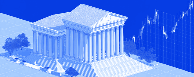 A blueprint-style illustration of a classical columned building (resembling an exchange or government institution) is shown alongside a rising stock market chart, visually symbolizing the intersection of traditional financial institutions and market growth—an apt visual for the article about major exchanges adopting Chainlink.