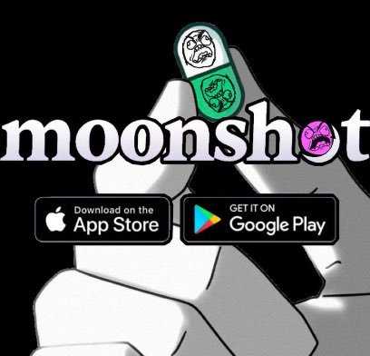 A promotional graphic displays the 'moonshot' logo with app store badges for Apple and Google Play, featuring a stylized hand holding green capsules with face designs.