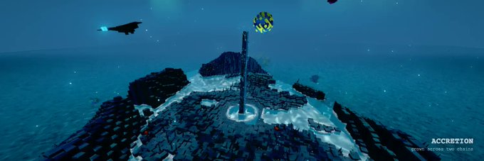 A video game screenshot showing a dark, rocky platform in water with floating objects and the label "ACCRETION" in the corner.