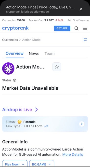 A cryptorank.io page for Action Model showing Market Data Unavailable and an Airdrop is Live section with a task to Fill The Form +3.