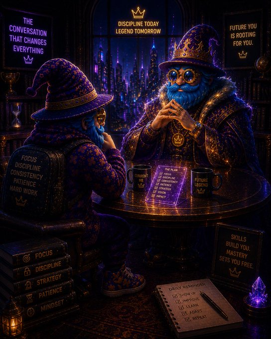 A digital illustration shows two bearded wizards in purple robes sitting at a table covered with motivational books and signs about discipline and focus.