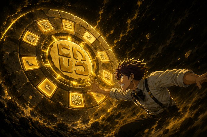 An anime-style illustration of a young man reaching toward a large glowing golden circular emblem with mysterious symbols, surrounded by a cosmic background of stars and energy.