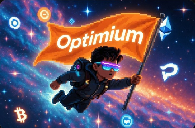 A pixel art character wearing futuristic visor glasses flies through a starry cosmic background holding an orange flag reading 'Optimium', surrounded by cryptocurrency symbols.