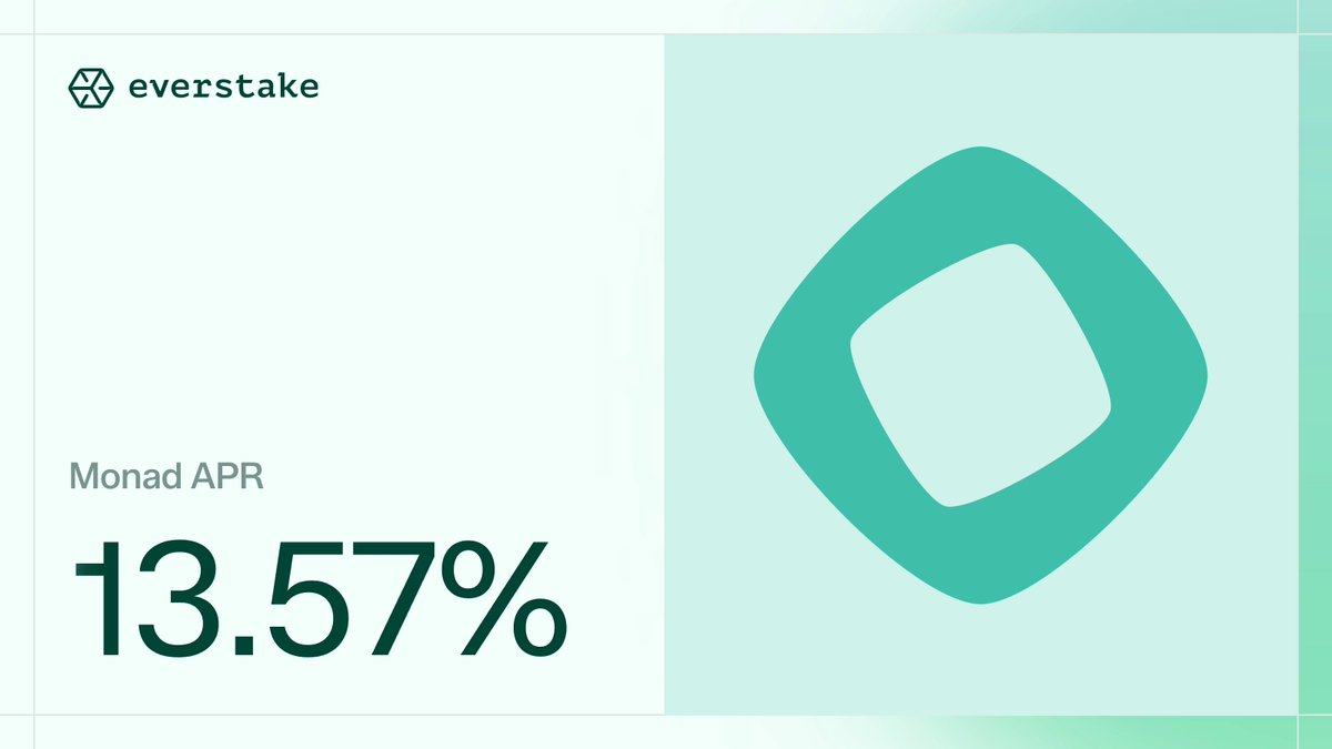 The image features two green squares, one of which has a green square logo with the letters "Monad" inside, positioned at the bottom right corner. Above this, there's text that reads: 
"@monad delivers 13.57% APR this week. Monad is a high-performance Layer-1 blockchain engineered to achieve large-scale parallel execution while preserving decentralization and full EVM compatibility."