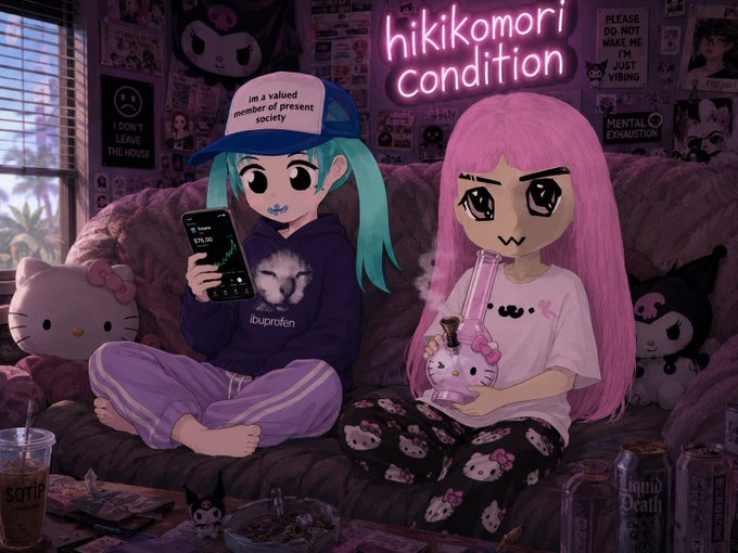 An illustration titled 'hikikomori condition' depicting two anime-style girls in a cluttered room with a neon sign, surrounded by Hello Kitty merchandise and various posters.