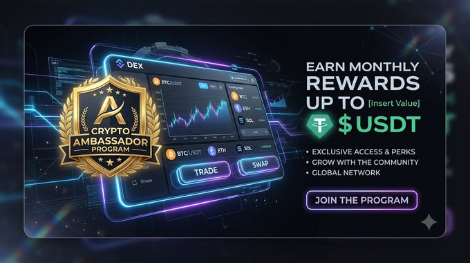 Promotional graphic for a Crypto Ambassador Program advertising monthly rewards up to $USDT, featuring trade and swap interface screens.