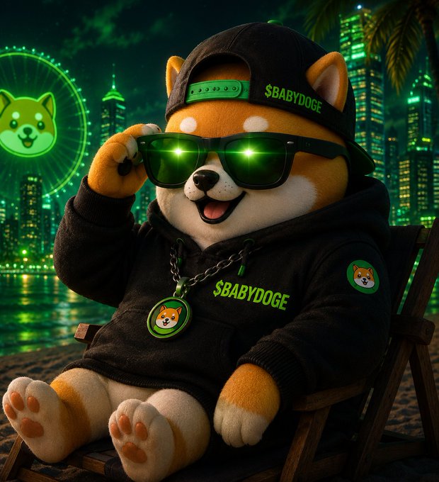 A plush Shiba Inu character wearing sunglasses and a "$BABYDOGE" cap and hoodie chills on a beach chair against a neon city skyline, with the $BABYDOGE logo glowing on a ferris wheel—visually reinforcing the post's claim that $BABYDOGE is the most underrated project.