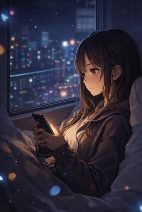 An anime-style illustration shows a young woman in bed using her phone, with a glowing cityscape visible through the window at night. It complements the post’s “Good Evening All” message about exploring Nucleus’s reputation layer and how Web3 evaluates meaningful contributions beyond wallet transactions and social activity.