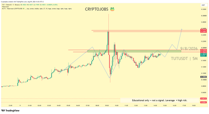 The image shows a TradingView 5-minute candlestick chart of TUTUSDT on September 18, 2026, displaying the cryptocurrency pair's recent price action with annotated horizontal resistance levels around $0.2500 and support near $0.2200, visually supporting the post's bullish thesis of a potential revisit to the $0.25 zone following a 200%+ intraday move.