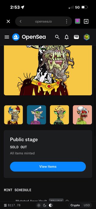 A mobile screenshot of the OpenSea NFT marketplace showing a 'Public stage' that is 'SOLD OUT' with 'All items minted' for the 'Minted Azuki Vault', featuring a large yellow artwork of a melting face above smaller character thumbnails.