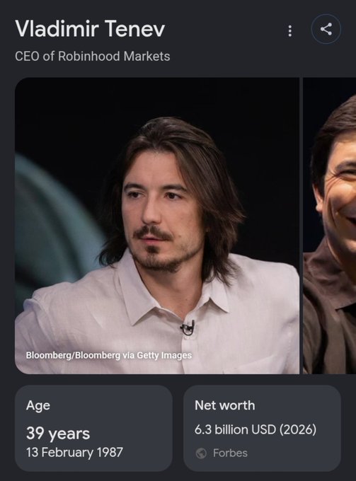 A profile/info card for Vladimir Tenev, CEO of Robinhood Markets, age 39, born 13 February 1987, with a net worth of 6.3 billion USD (2026) per Forbes.