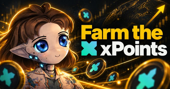 A promotional graphic for 'Farm the xPoints' featuring an anime-style character with glowing blue eyes, surrounded by floating gold coins marked with a cyan 'X' against a dark background.