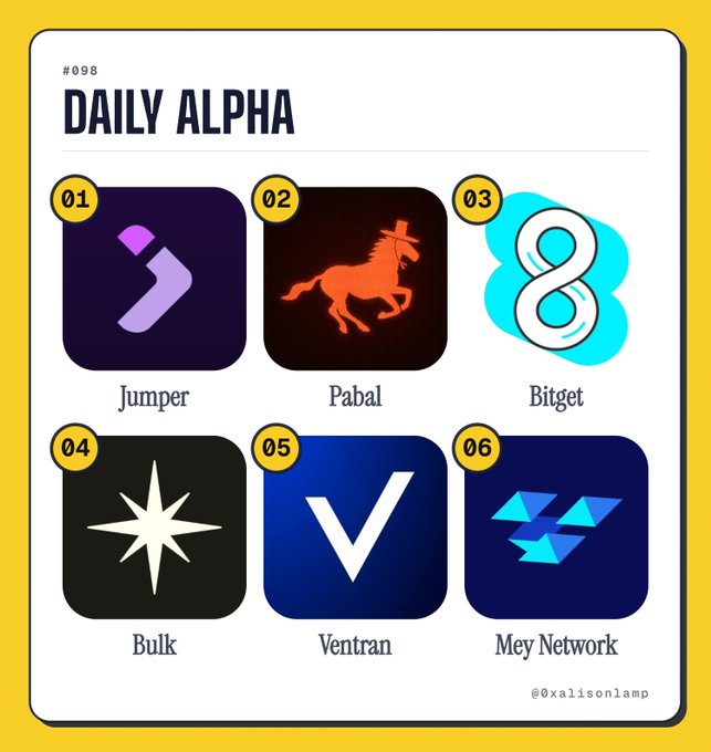 A 'Daily Alpha' #098 graphic displaying six crypto project logos: Jumper, Pabai, Bitget, Bulk, Ventran, and Mey Network, credited to @0xalisonlamp.