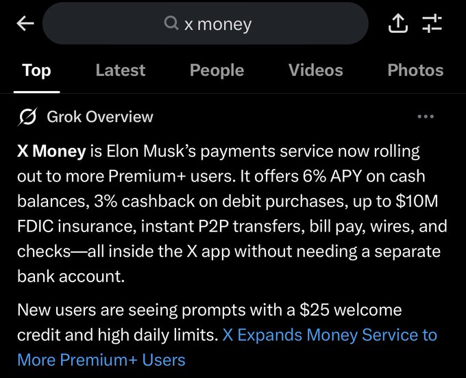 A screenshot of an X (formerly Twitter) search for 'x money,' showing a Grok Overview describing X Money as Elon Musk's payments service with 6% APY, 3% cashback, and FDIC insurance.