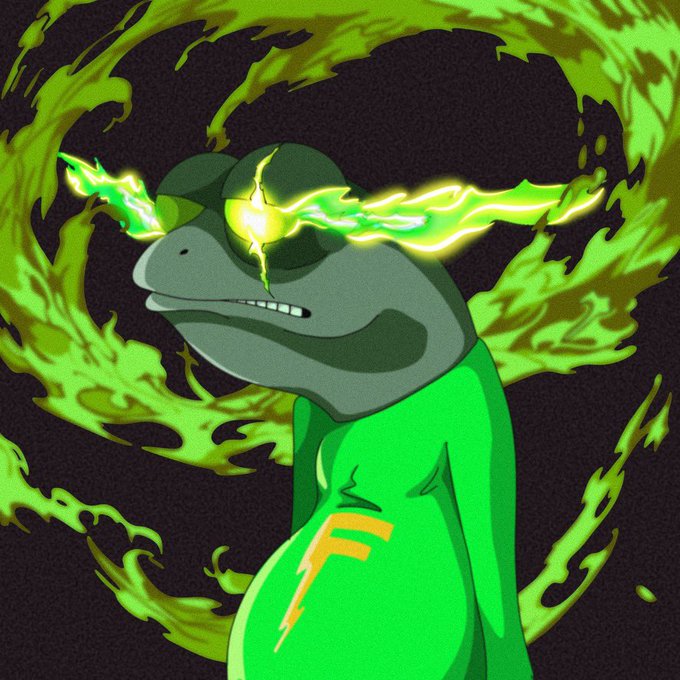 The image features a cartoon frog with green skin, wearing a green shirt that has an "F" on it. The frog's eyes are glowing with yellow light, giving him a fierce appearance. The background of the image is black, which contrasts with the vibrant colors and makes the frog stand out even more. In the bottom right corner of the image, there is text that reads "Say it FUEL RUGS". This phrase adds an element of humor to the overall scene, as if the frog is encouraging people to embrace their inner fire or energy.