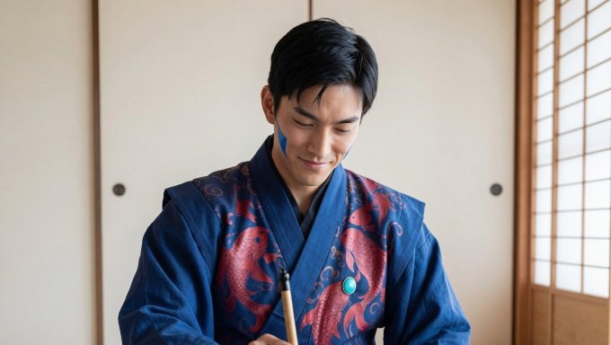 A young man in a blue and red dragon-patterned kimono smiles softly in a traditional Japanese-style room with shoji screens.