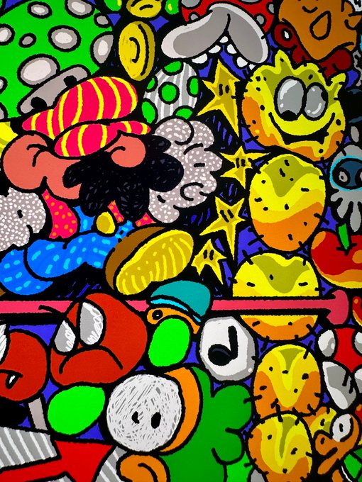 A vibrant, densely packed digital illustration features a chaotic collage of cartoonish elements including strawberries, stars, smiley faces, and colorful blob characters, all rendered in bold neon colors against a dark background.

The image's lively, cheerful aesthetic ties into the "Gm ☀️ Hello #TezosTuesday" post as a fun, expressive visual greeting for the Tezos community.