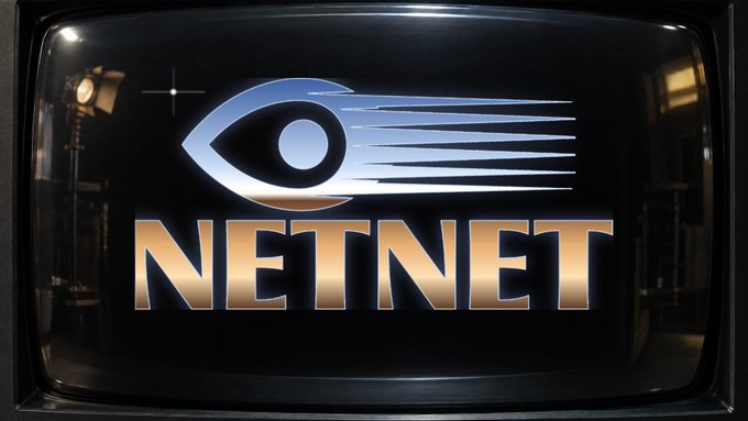 A retro-style logo on a vintage TV screen displays an eye-shaped icon with speed lines above the text 'NETNET' in gold.