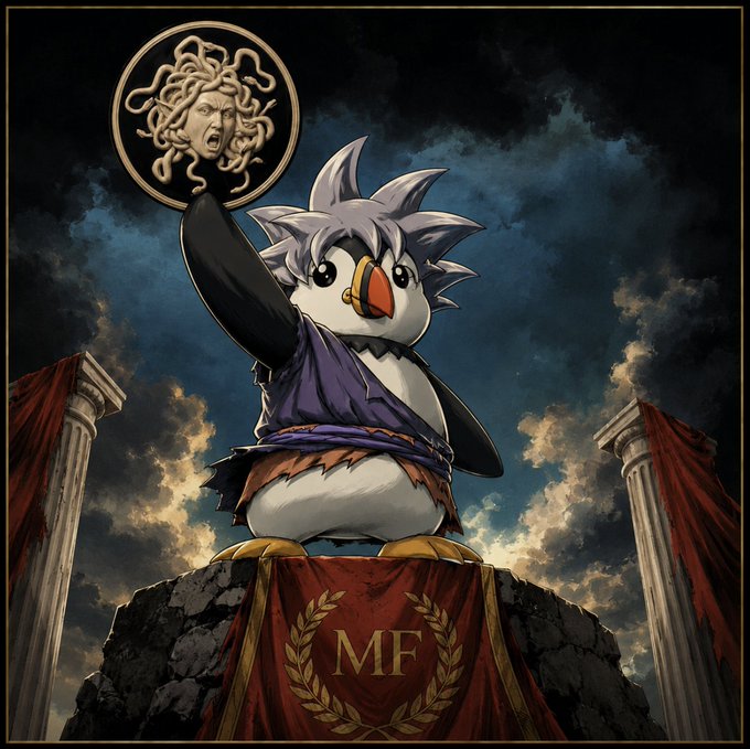 Illustration of a penguin character styled like a martial artist, standing on a stone pedestal with a Medusa coin emblem above and an 'MF' laurel wreath banner below.