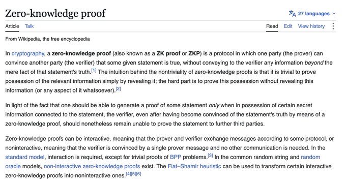 A Wikipedia article on 'Zero-knowledge proof' explaining it as a cryptographic protocol where one party can prove to another that a statement is true without conveying additional information.