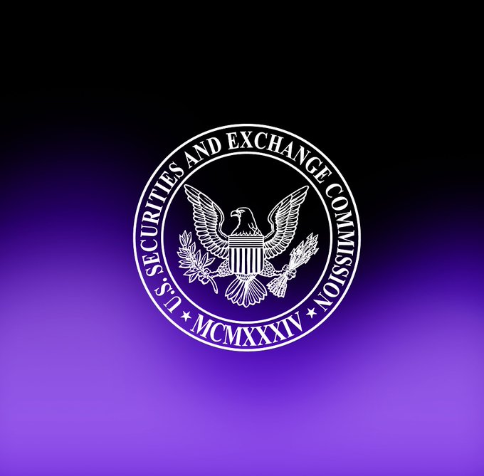 The seal of the U.S. Securities and Exchange Commission (SEC) in white on a black and purple gradient background, featuring an eagle and the Roman numerals MCMXXXIV (1934).
