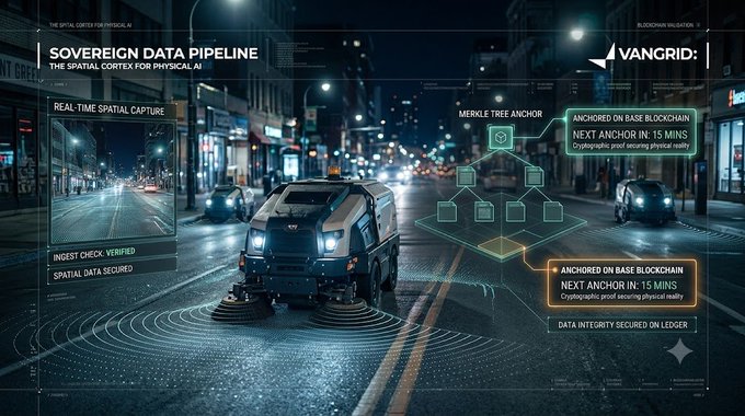 Futuristic promotional graphic for 'VANGRID' titled 'SOVEREIGN DATA PIPELINE,' illustrating a street-sweeping vehicle capturing spatial data anchored on the Base blockchain.