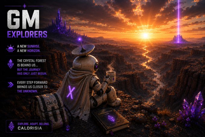 A robotic explorer sits on a canyon edge at sunrise, gazing toward a distant purple beam of light, with text reading "GM EXPLORERS" and "Explore. Adapt. Belong. CALDRISIA" alongside verses about new horizons and the unknown journey ahead. The scene visually embodies the post's adventurous spirit, symbolizing the explorer pausing at the threshold of an uncharted realm, having left behind the Crystal Forest to venture toward the mysterious beam on the horizon.