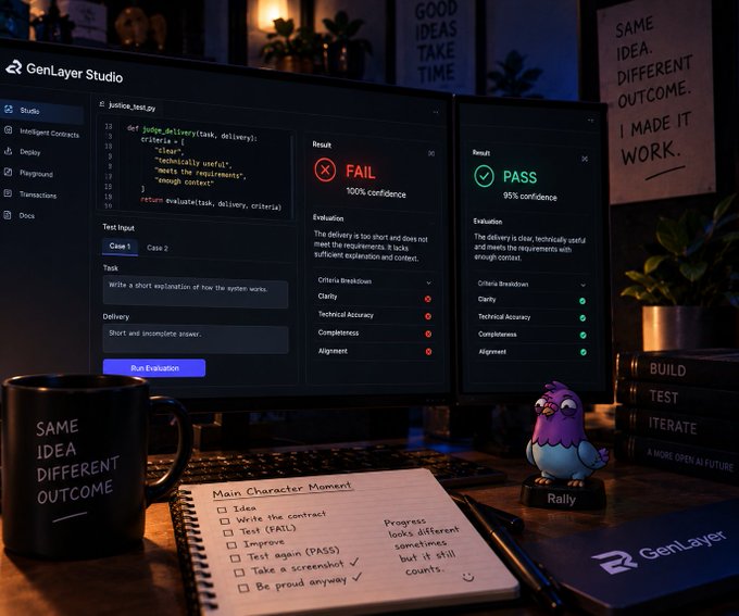 A developer works at a GenLayer Studio workstation evaluating "justice_test.py" where a "FAIL" result with 100% confidence and a "PASS" result with 95% confidence appear on dual monitors, alongside a notebook titled "Main Character Moment" with a checked "Test again (PASS)" item.