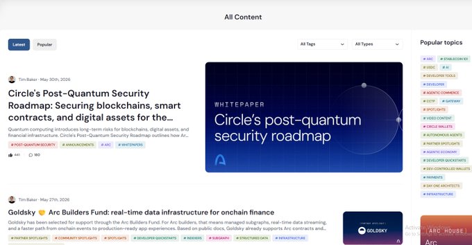 The image shows a webpage with a blue background, displaying a list of topics that are popular among users. The content appears to be related to cryptocurrency security and blockchain technology. There is also an article about Circle's post-quantum security roadmap on the page.