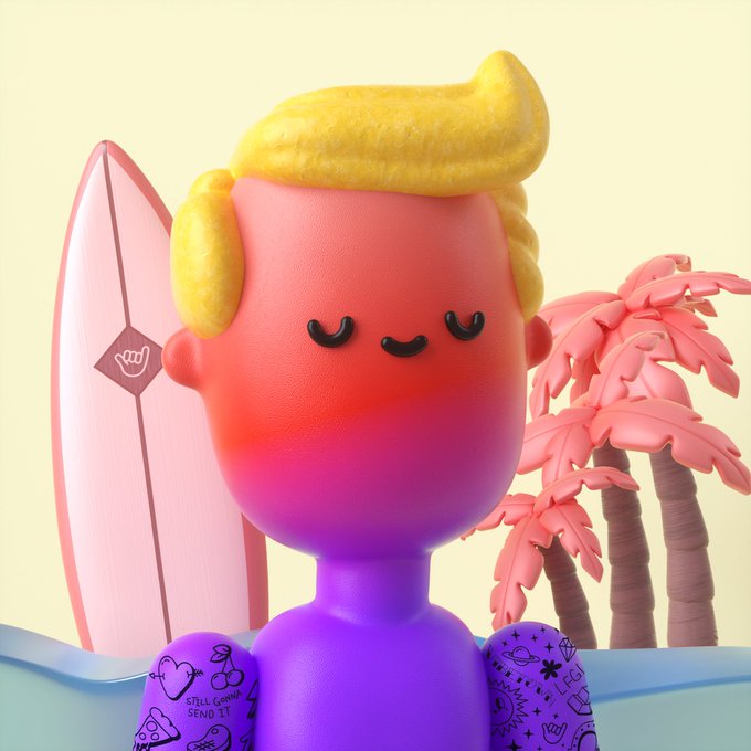 A 3D rendered figurine of a character with yellow hair, pink-to-purple gradient face and shirt, decorated with doodle-style tattoos, posed with a pink surfboard and palm trees against a pale yellow background.