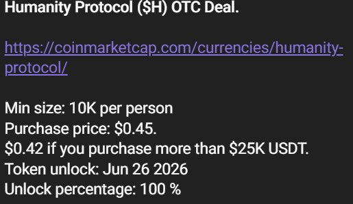 The image shows a black screen with some text written in green and purple font on it. The text appears to be about a project called "The Humanity Rug pull", which sold OTC H tokens to people at $0.45 each. The text also mentions that the project was able to sell its last set of tokens, totaling 100 tokens, for $0.15 each by selling them off. The post then encourages users to purchase more than 25 tokens in order to participate in this program.
