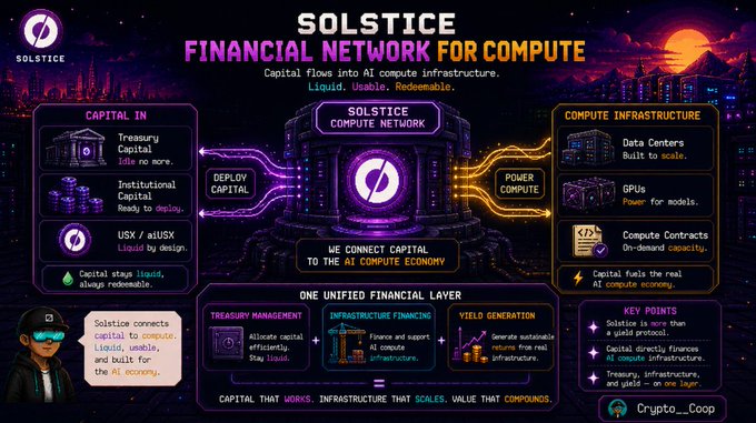 An infographic for 'SOLSTICE - Financial Network for Compute' illustrating capital flow into AI compute infrastructure, featuring sections for Capital In, Compute Infrastructure, Treasury Management, Infrastructure Financing, and Yield Generation, by @Crypto_Coop.
