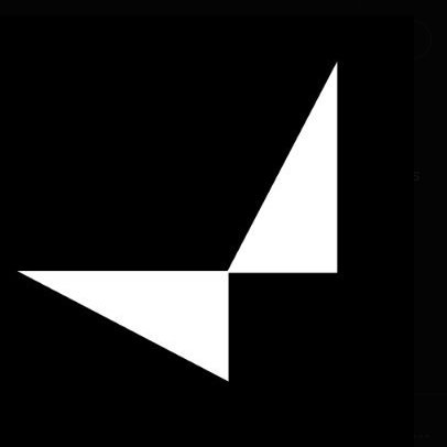 A minimalist geometric graphic featuring two white triangles forming an abstract shape against a solid black background.