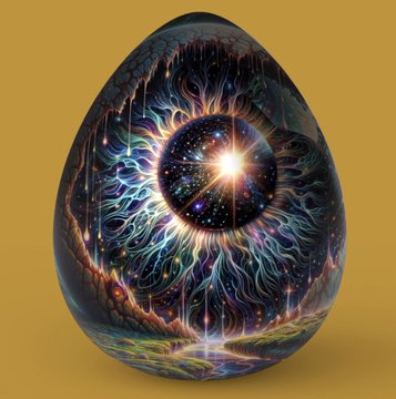 A decorated egg features an intricate cosmic design with a central starburst, swirling colors, and a starry night sky.