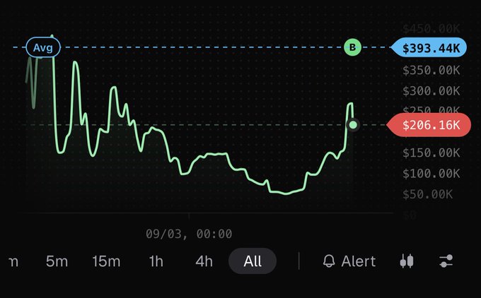 A financial price chart on a dark background showing a green line trending downward from an 'Avg' of $393.44K to a current price of $206.16K, with time intervals (5m, 15m, 1h, 4h, All) at the bottom.