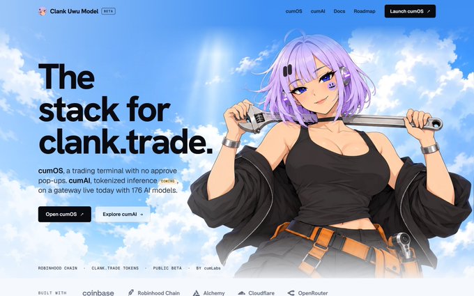 A promotional website for "Clank Uwu Model" featuring an anime-style purple-haired character holding a wrench, advertising "The stack for clank.trade" with cumOS as "a trading terminal with no approve pop-ups" and cumAI providing "tokenized inference," set against a bright cloudy sky background. The site highlights the launch of cumOS and emphasizes trading tools powered by 176 AI models, aligning with the post's announcement of cumLabs as the new home for the clank.trade platform.