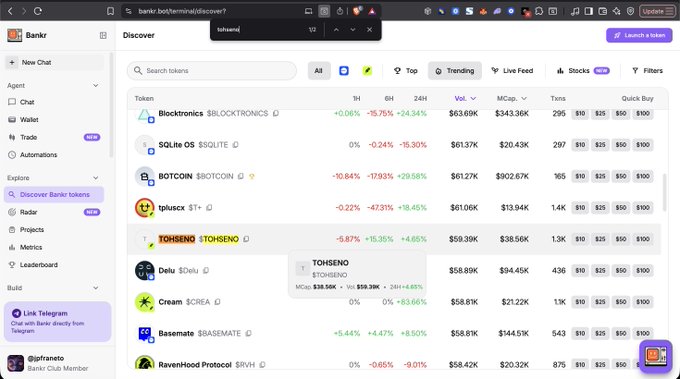 A screenshot of the Bankr Discover page listing various tokens including Blocktronics ($BLOCKTRONICS), SQLite OS ($SQLITE), BOTCOIN ($BOTCOIN), tpluscr ($T+), and TOHSENO ($TOHSENO) with their price changes and market caps.