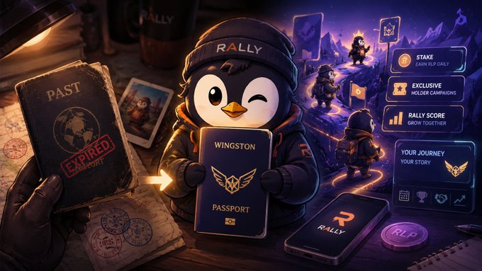 The image features a penguin character wearing a "RALLY" beanie holding a "WINGSTON" passport, alongside an expired "PAST" passport with a "EXPIRED PASSPORT" stamp, and a phone displaying the Rally app interface with options like "STAKE," "EXCLUSIVE," and "RALLY SCORE."

This visual metaphor directly mirrors the post's message about NFTs—just as the worn, expired passport holds more value than a blank one because of the journey it represents, the image suggests that NFTs derive their worth not from the digital token itself, but from the history, achievements, and campaigns (like "STAKE" and "EXCLUSIVE HOLDER CAMPAIGNS") recorded on-chain.