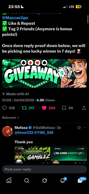 A mobile screenshot of an X (Twitter) post by @Maccaclips promoting a giveaway with instructions to like, repost, and tag 2 friends, showing 4.8K views and engagement metrics, with a reply from @SoiMufasa thanking them.