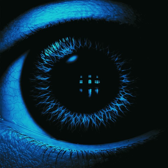 A close-up digital artwork of a blue eye reflecting a small house with lit windows in its pupil.
