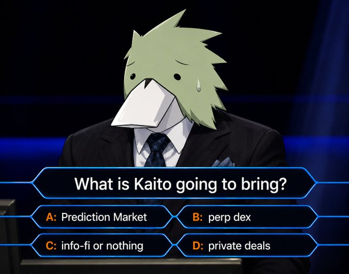 The image features a cartoon character dressed as a businessman, wearing a suit and tie with a bald head. The character appears to be sweating due to the heat of the room or the excitement of the game they are playing. In front of them is a blue screen displaying questions related to the anime "Market I".